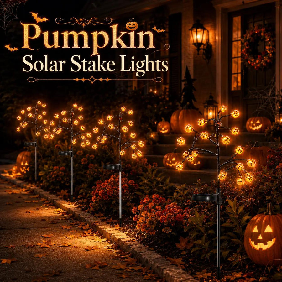 Pumpkin solar stake lights decorating a pathway