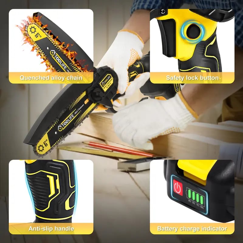 Mini chainsaw protection grip and battery features