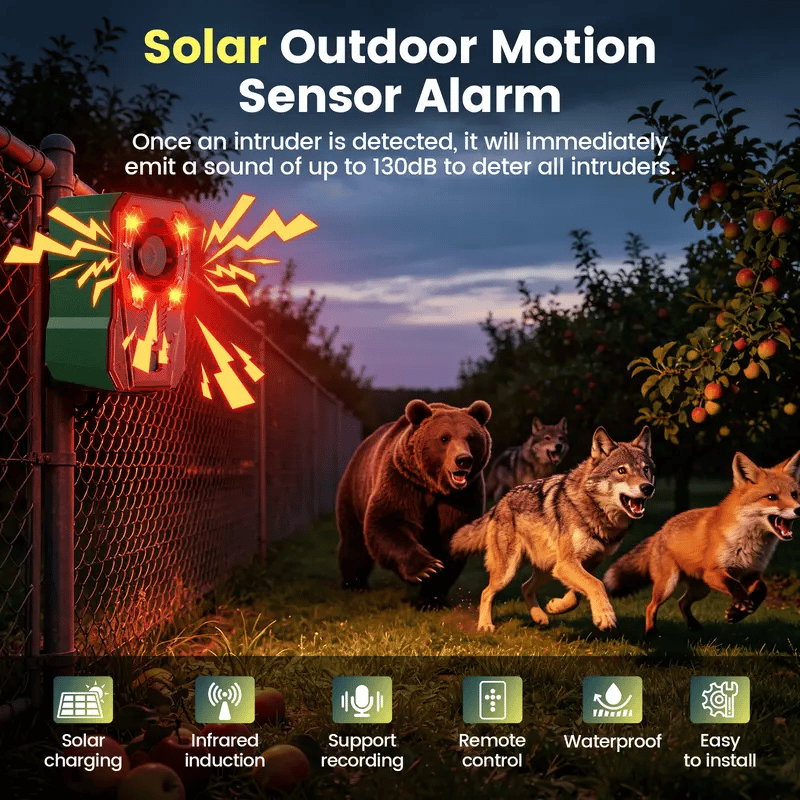 Solar Powered Outdoor Animal Repeller, 130dB Motion Sensor Alarm with Strobe Light, Custom Voice Recording, IP65 Waterproof Wildlife Deterrent for Farm, Yard, Garden, Driveway