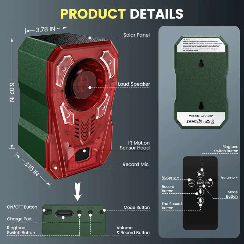 Solar Powered Outdoor Animal Repeller, 130dB Motion Sensor Alarm with Strobe Light, Custom Voice Recording, IP65 Waterproof Wildlife Deterrent for Farm, Yard, Garden, Driveway