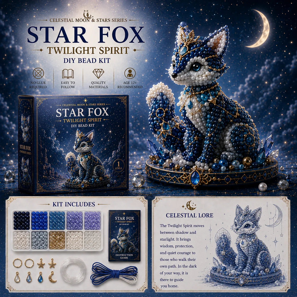🌙 Moon Cat Luna Guardian DIY Bead Kit | Celestial Moon & Stars Series
