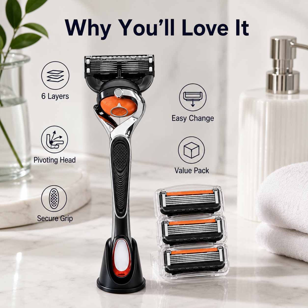 Key features of the 6-layer pivoting razor