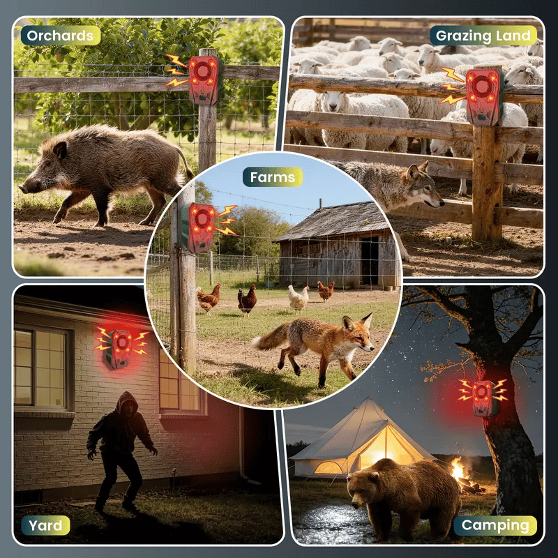 Outdoor animal repeller applications in orchards farms yards grazing land and camping areas