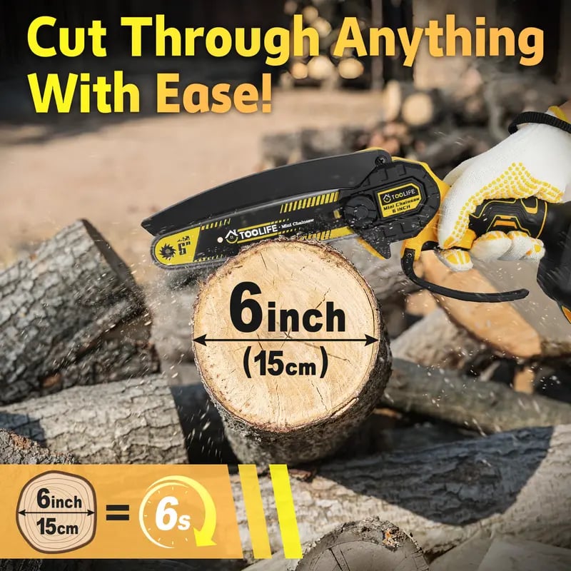 Six inch mini chainsaw cutting a wood log