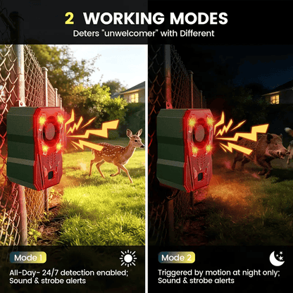 Solar Powered Outdoor Animal Repeller, 130dB Motion Sensor Alarm with Strobe Light, Custom Voice Recording, IP65 Waterproof Wildlife Deterrent for Farm, Yard, Garden, Driveway