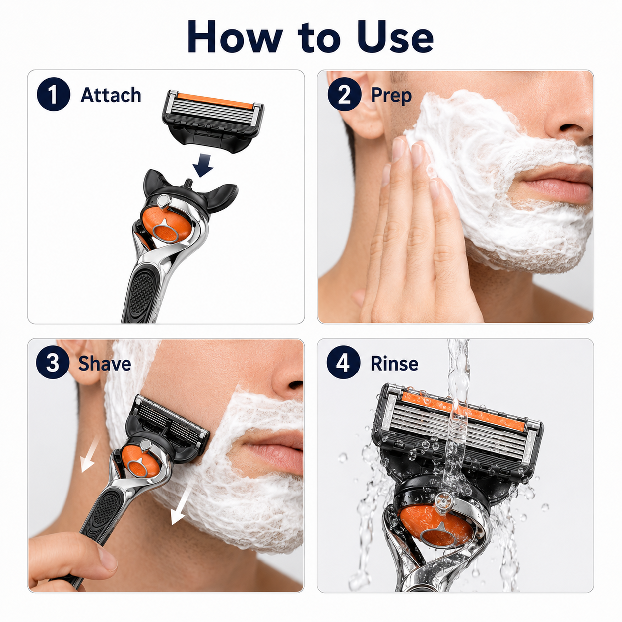 Four-step instructions for attaching, preparing, shaving and rinsing