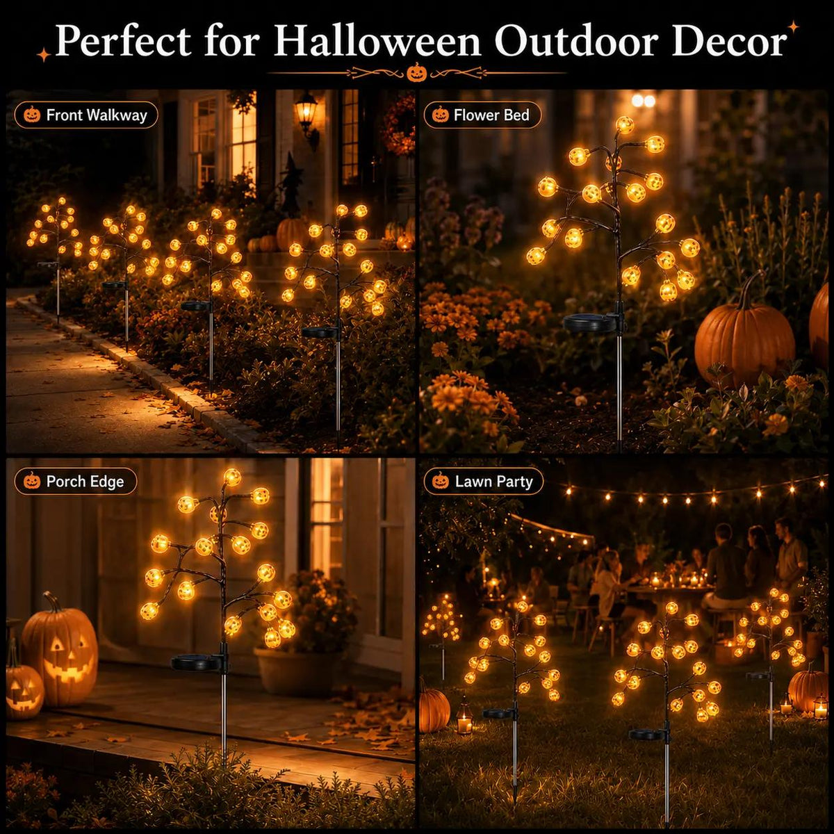 Solar pumpkin lights in walkway flower bed porch and lawn