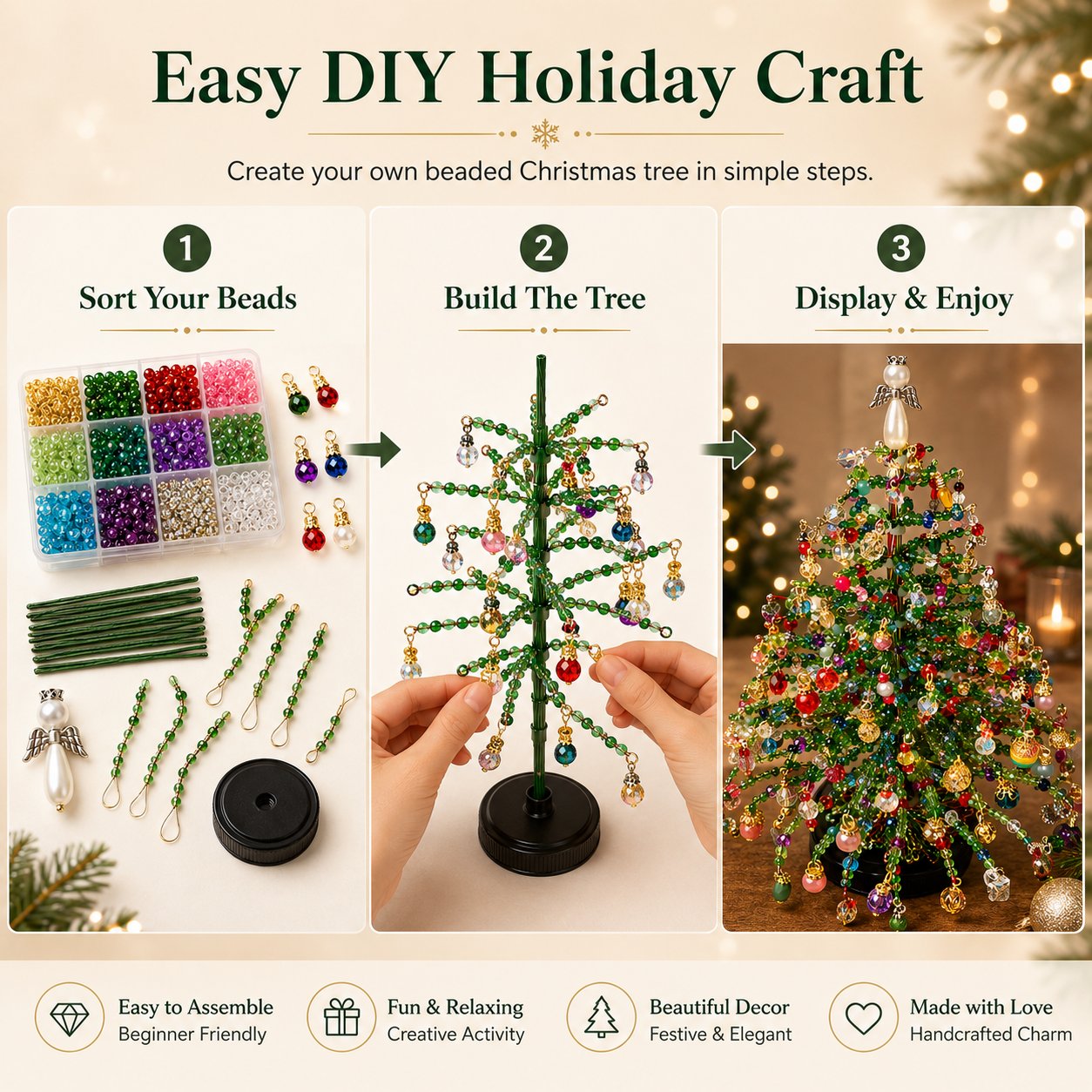 Three step process for making a beaded Christmas tree