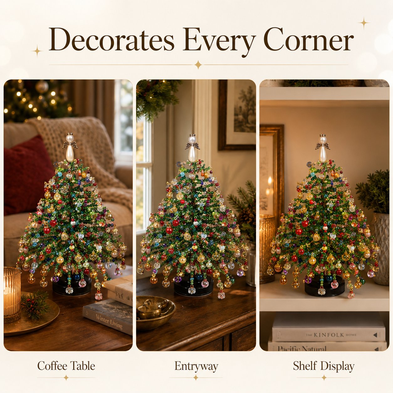 Beaded tree displayed on a coffee table entryway and shelf