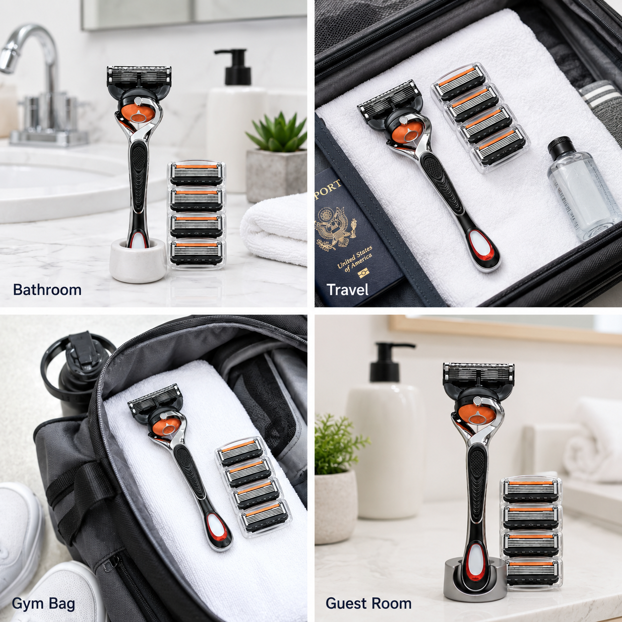 Razor set used in the bathroom, travel bag, gym bag and guest room