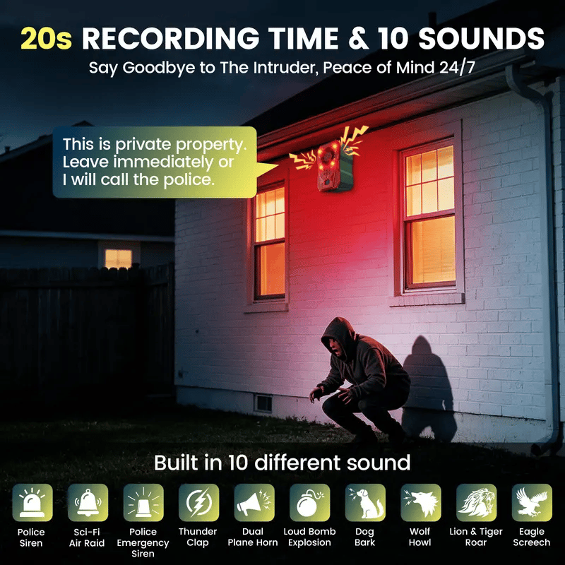 Solar Powered Outdoor Animal Repeller, 130dB Motion Sensor Alarm with Strobe Light, Custom Voice Recording, IP65 Waterproof Wildlife Deterrent for Farm, Yard, Garden, Driveway