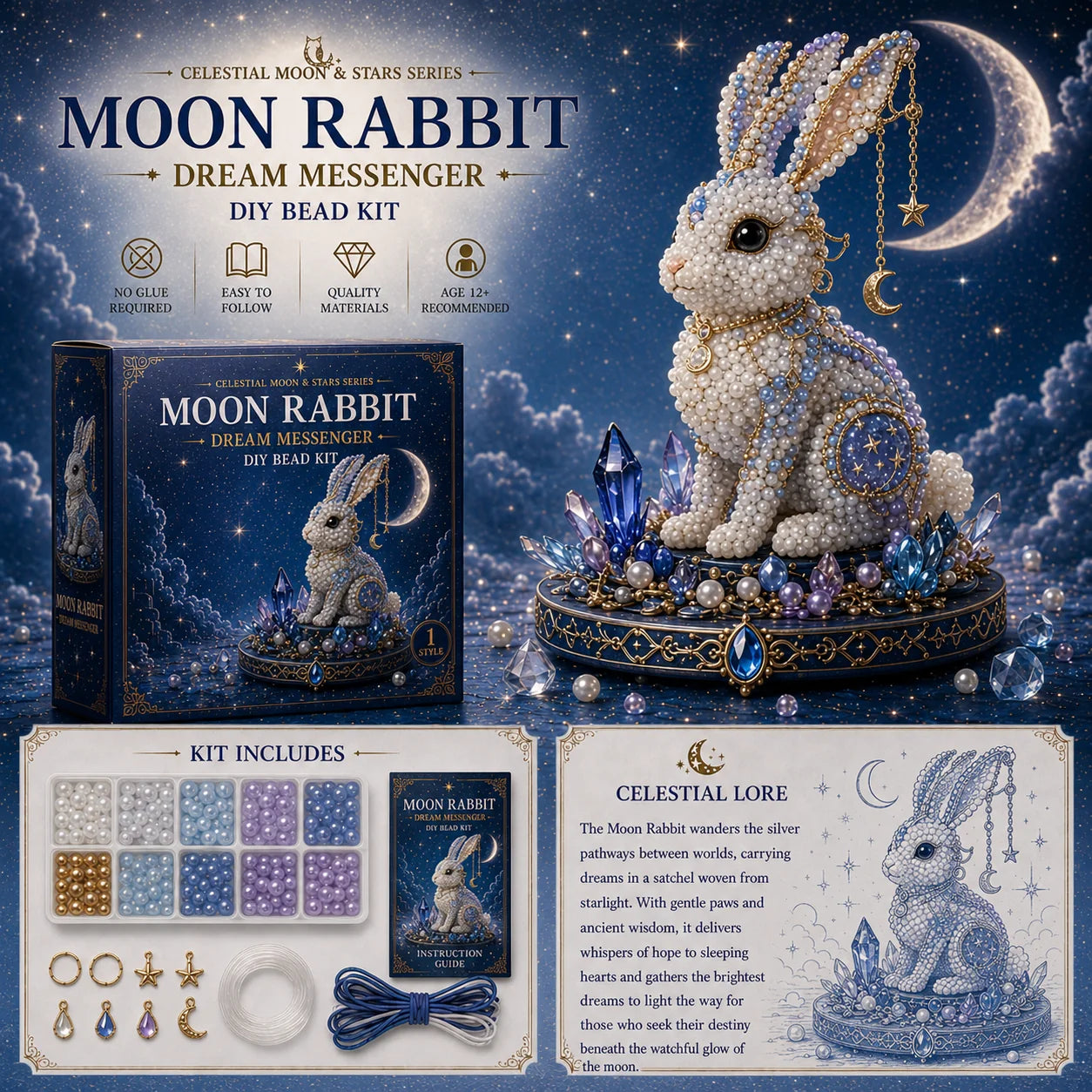 🌙 Moon Cat Luna Guardian DIY Bead Kit | Celestial Moon & Stars Series