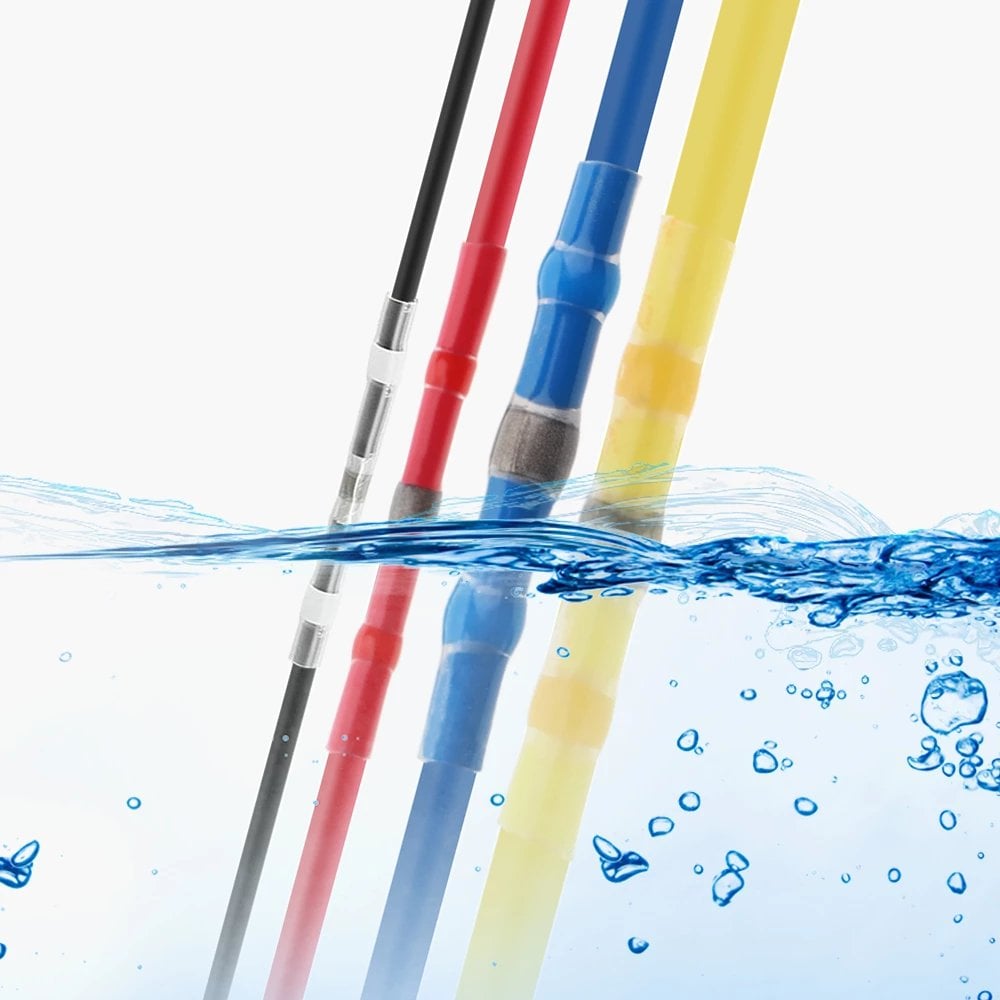 Color-coded solder seal wire connectors shown against water