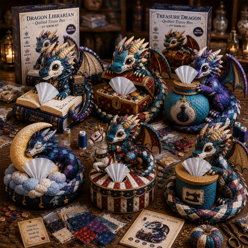 🐉✨ Dragon Keepers Collection – Quilted DIY Tissue Box Sewing Kit