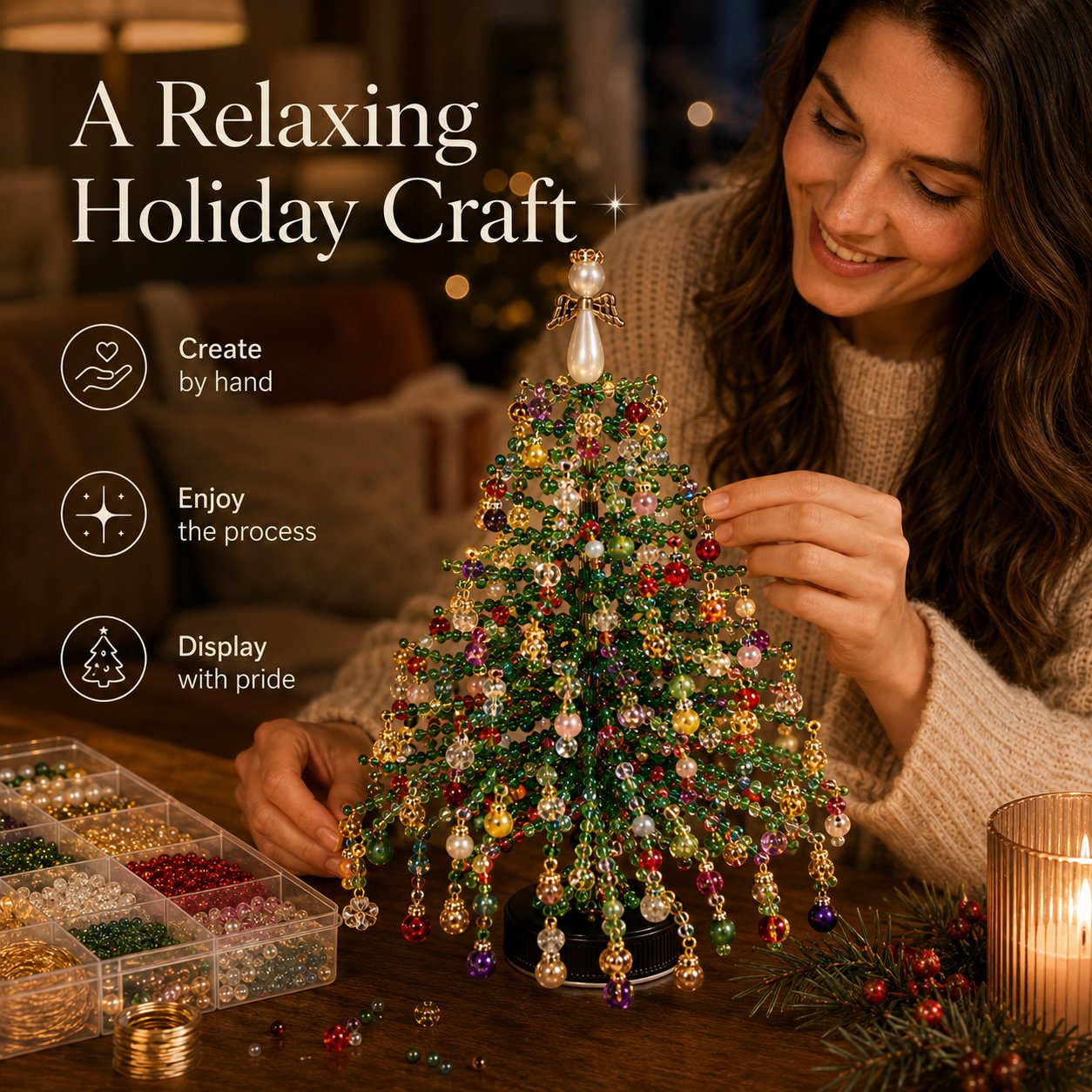 Woman enjoying the process of making a beaded holiday tree