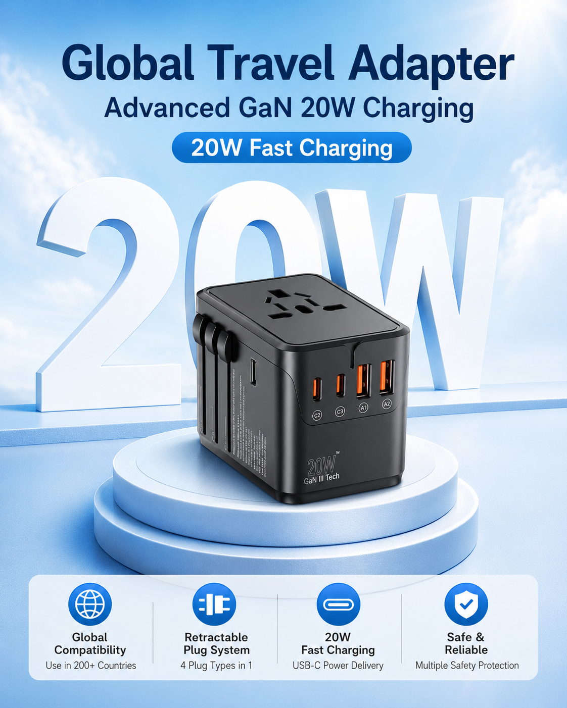 Compact 20W GaN global travel adapter product view