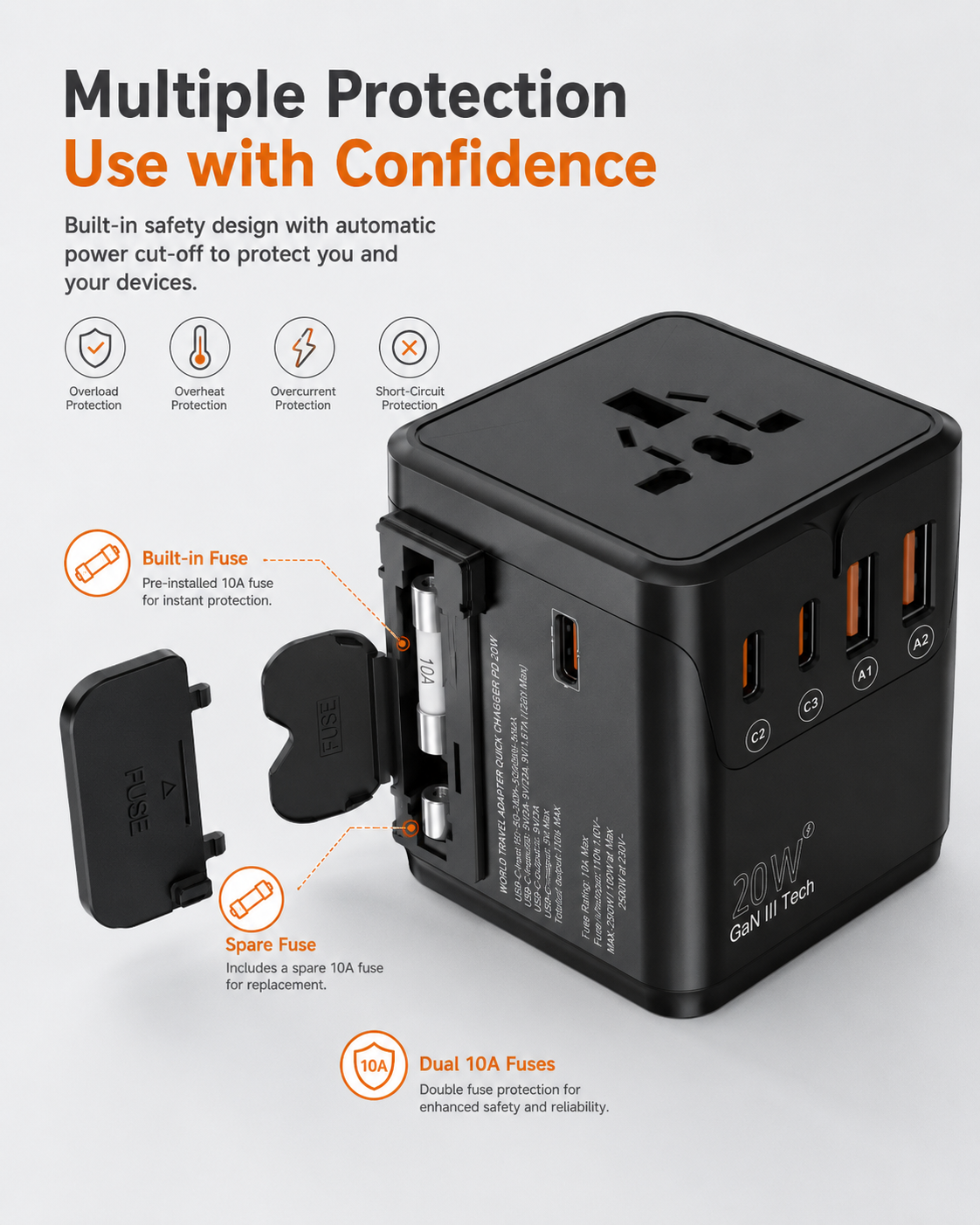 20W GaN global travel adapter with retractable plug system