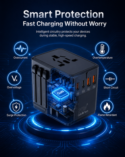 20W GaN Universal Travel Adapter with USB-C & USB-A Ports – EU/UK/AU/US Plug Converter