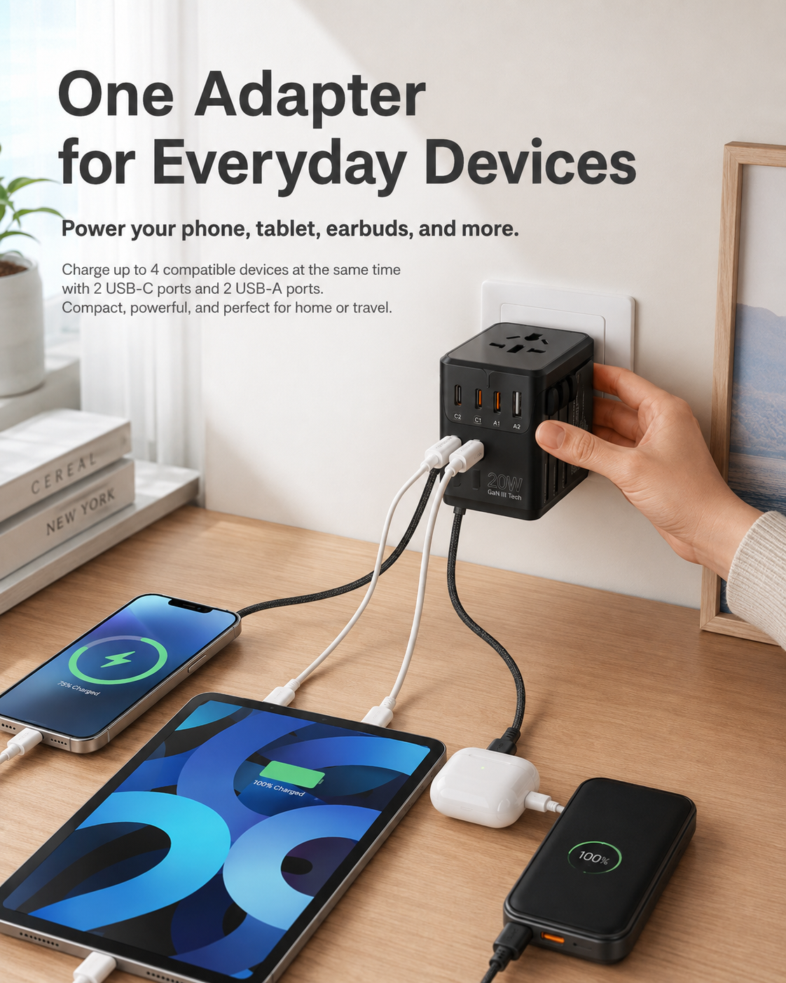 20W GaN Universal Travel Adapter with USB-C & USB-A Ports – EU/UK/AU/US Plug Converter