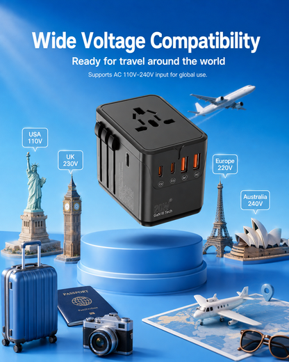 20W GaN Universal Travel Adapter with USB-C & USB-A Ports – EU/UK/AU/US Plug Converter