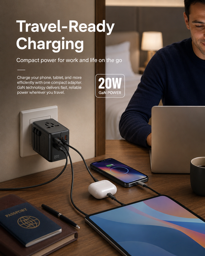 20W GaN Universal Travel Adapter with USB-C & USB-A Ports – EU/UK/AU/US Plug Converter