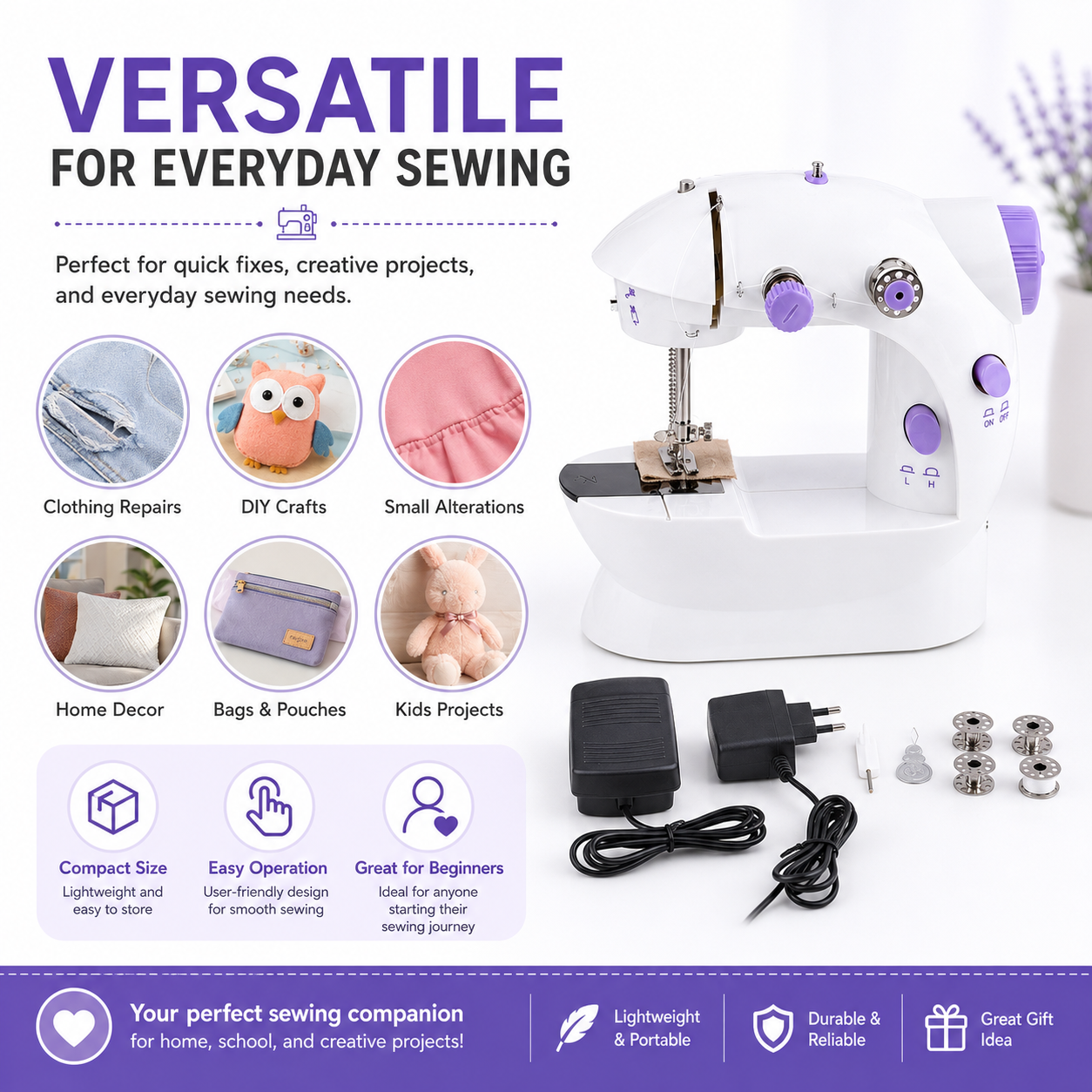 Mini sewing machine complete set with foot pedal, power adapter and accessories