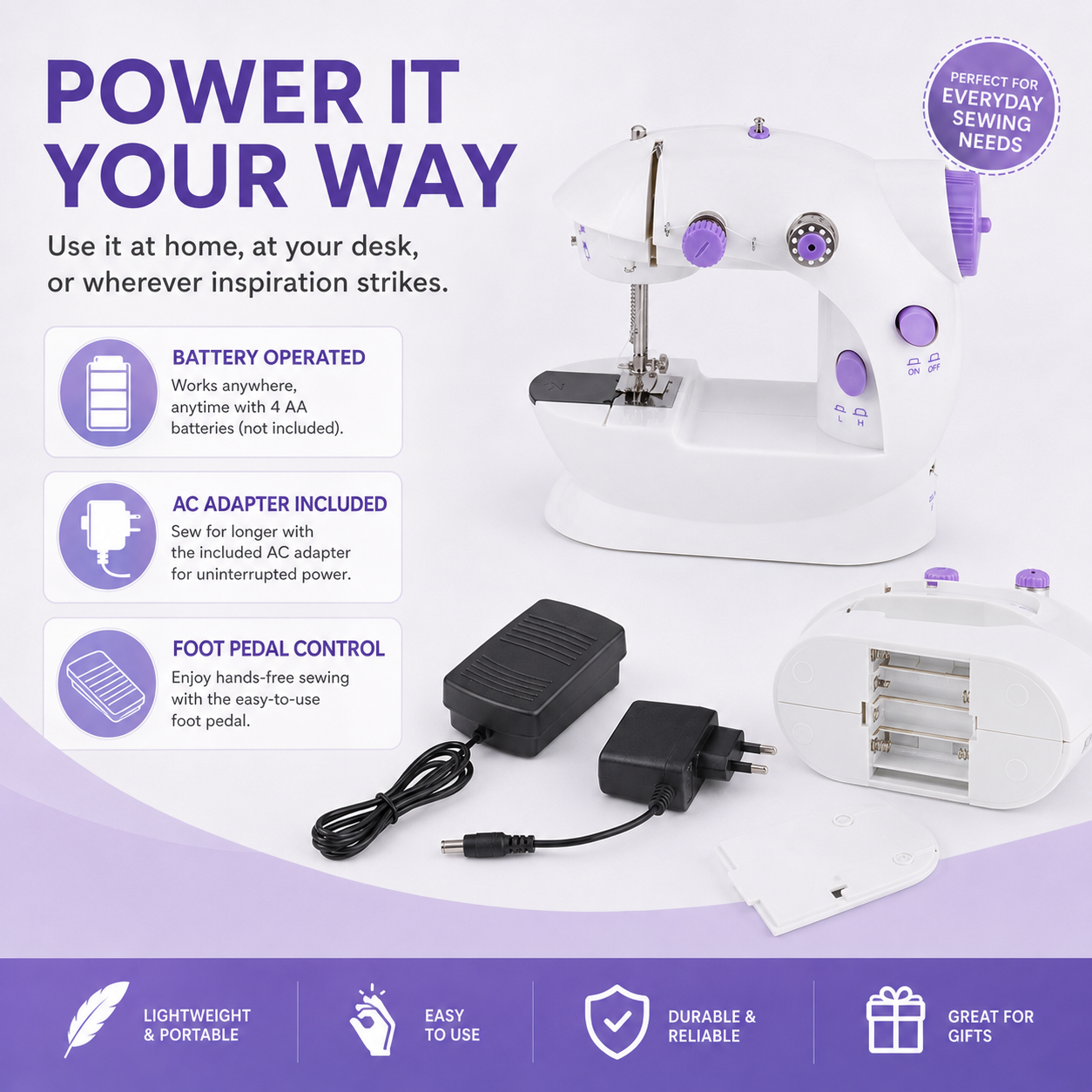 Mini sewing machine control guide with tension dial, speed switch and hand wheel
