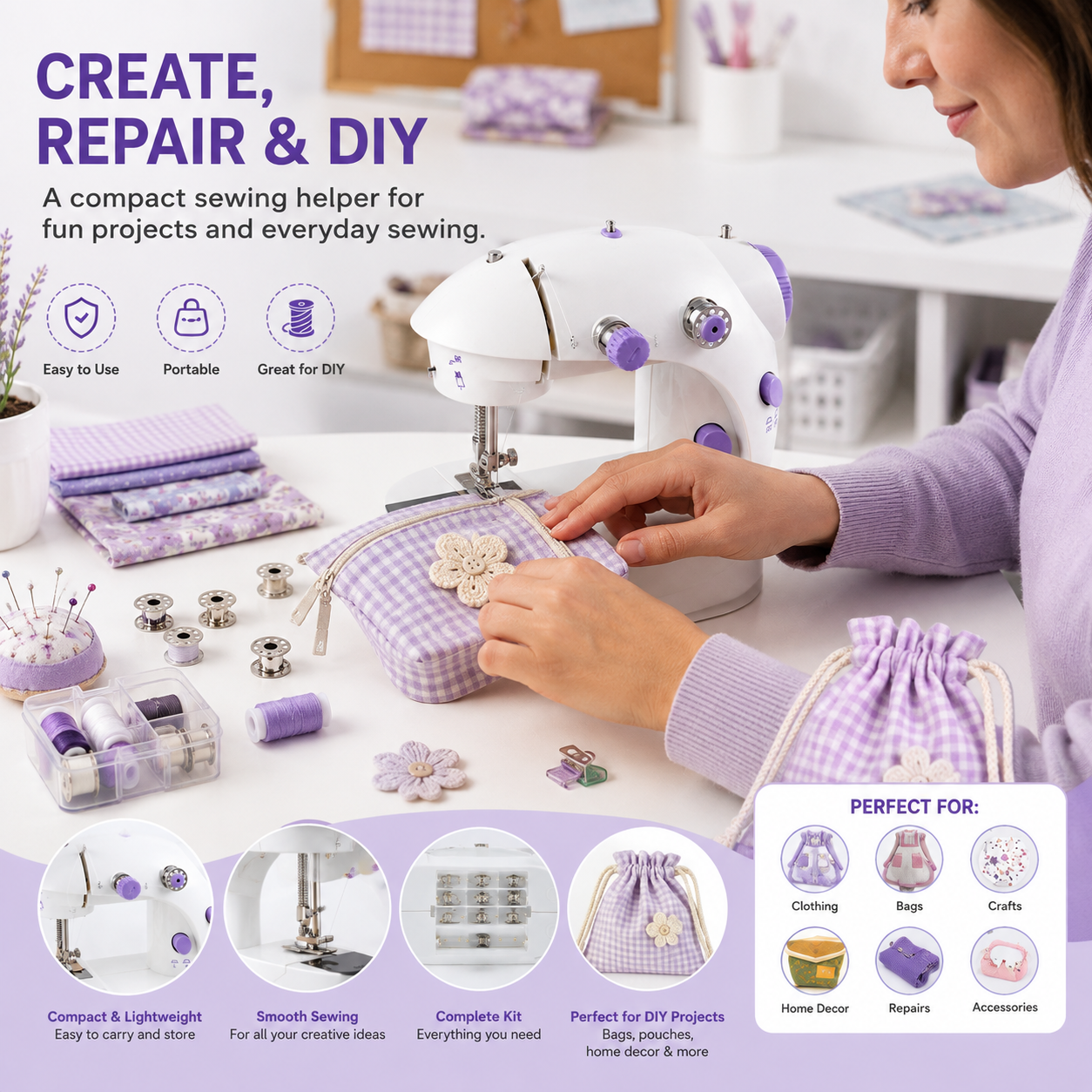 Woman using a mini sewing machine for a quick clothing repair at home