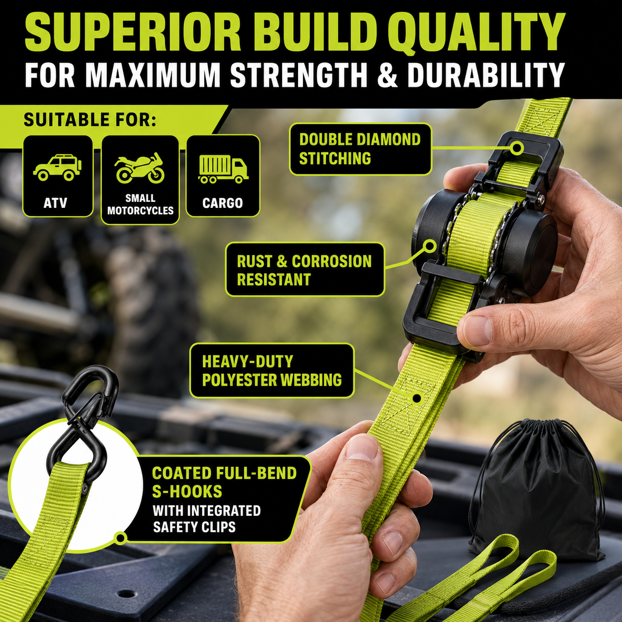 Heavy-duty retractable ratchet strap construction and safety features