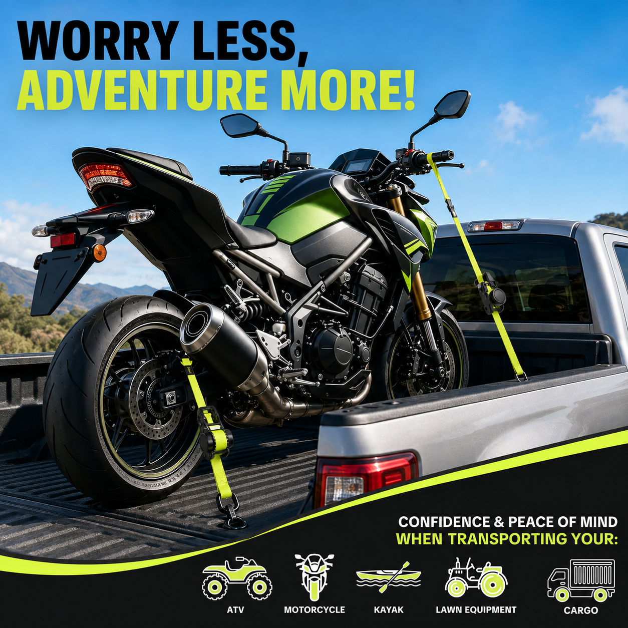 Car Tie Downs with Ratchets 1"x 11 ft-1500 LB Break Strength Cargo Straps for Moving Appliances, Lawn Equipment, Motorcycle Green