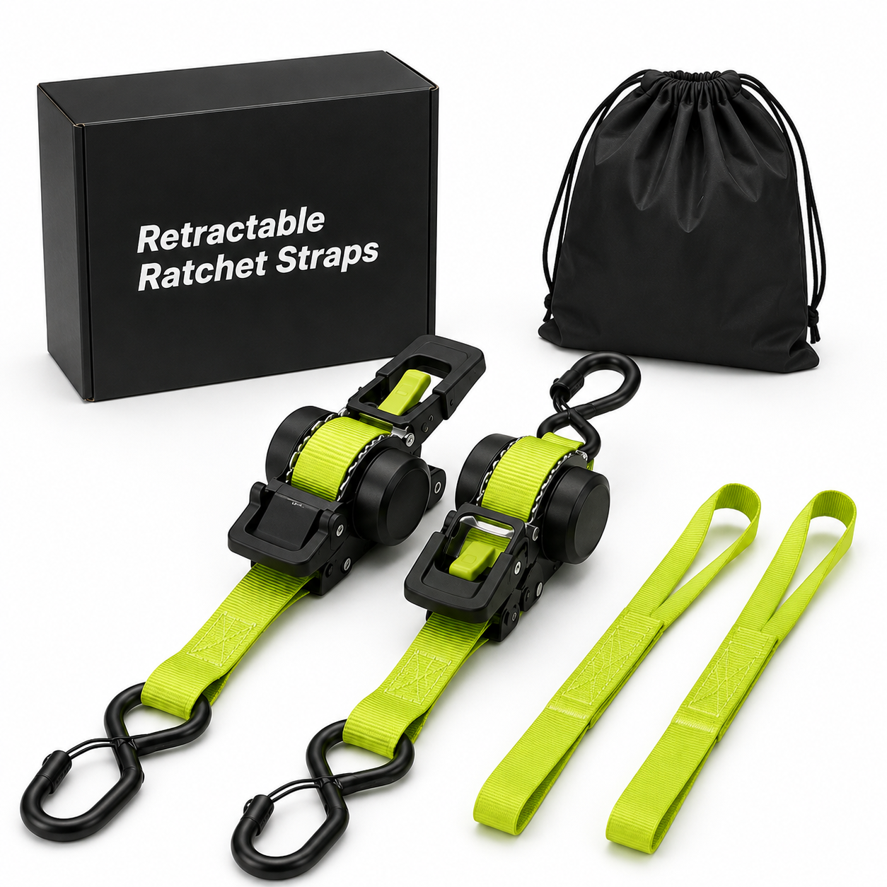 Two retractable ratchet straps, two soft loops, storage bag and package