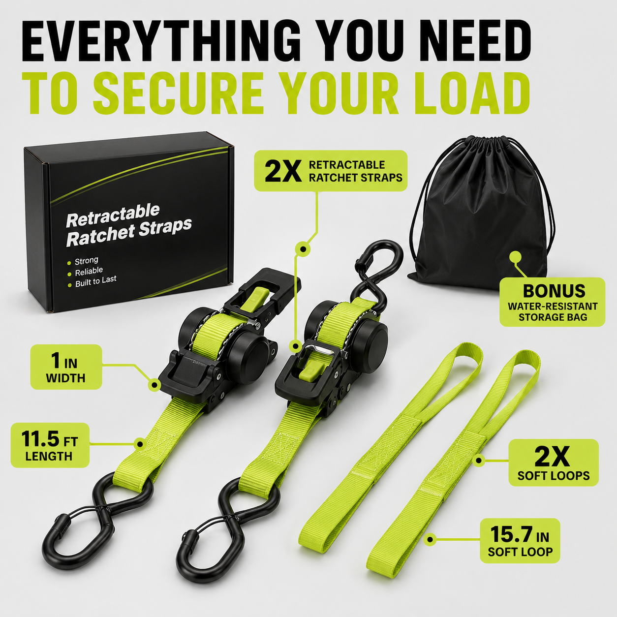 Car Tie Downs with Ratchets 1"x 11 ft-1500 LB Break Strength Cargo Straps for Moving Appliances, Lawn Equipment, Motorcycle Green