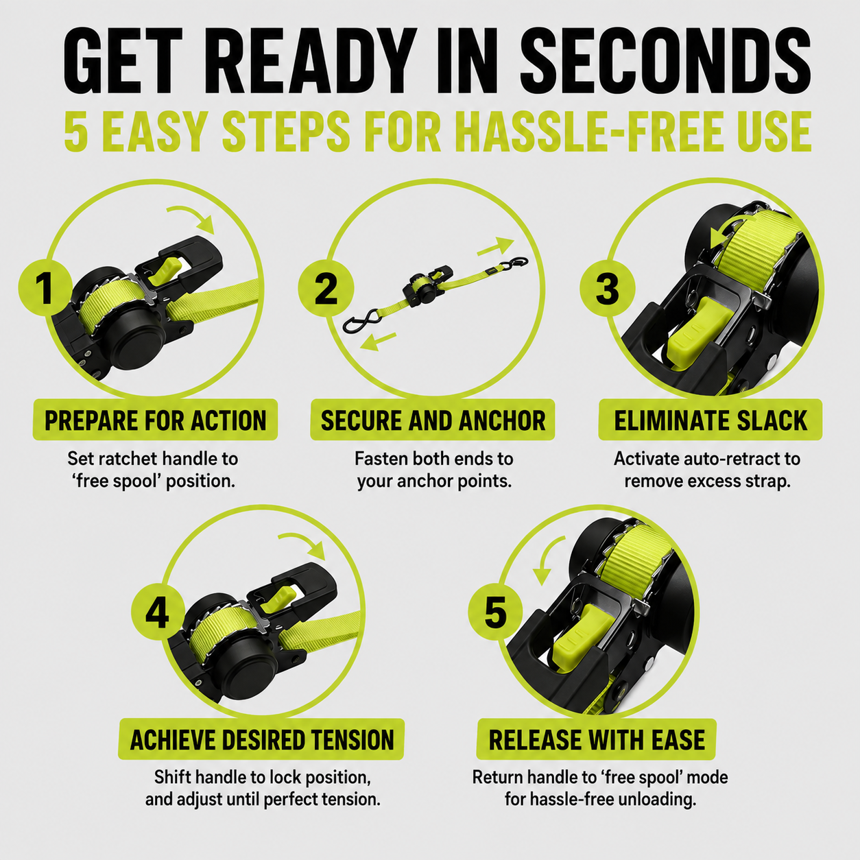 Retractable ratchet strap set dimensions, soft loops and storage bag