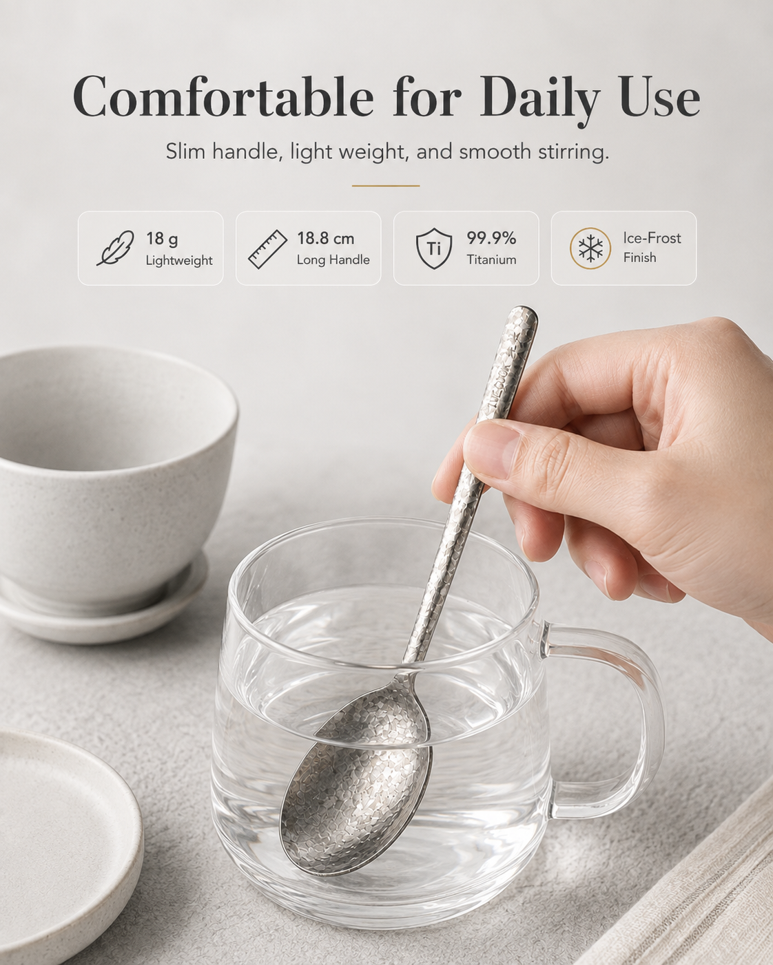 Person using a lightweight titanium spoon at breakfast