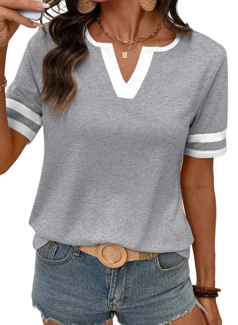 2026 Spring/Summer Women's Casual Colorblock V-Neck T-Shirt - White with Black Trim, Short Sleeve Loose Fit Top with Striped Cuffs, Breathable Cotton Blend