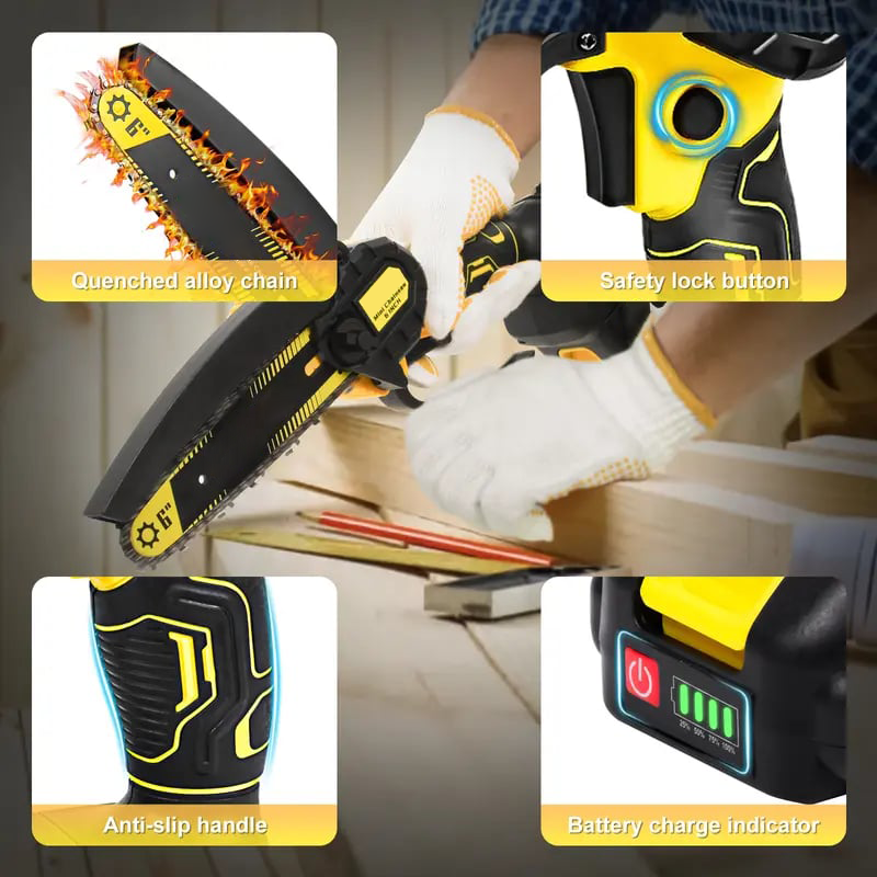 🌳 6" Mini Cordless Chainsaw – 2026 Pro Edition – 5-Cell Battery & Spare Chain for Tree Trimming ⚡