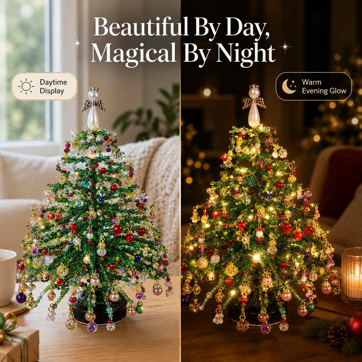 Beaded tree shown in daylight and with a warm evening glow