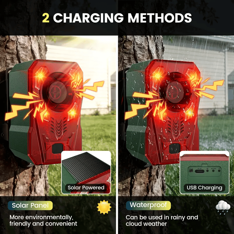 Solar Powered Outdoor Animal Repeller, 130dB Motion Sensor Alarm with Strobe Light, Custom Voice Recording, IP65 Waterproof Wildlife Deterrent for Farm, Yard, Garden, Driveway