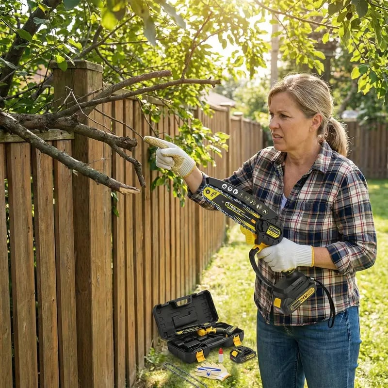 Woman preparing to trim tree branches with cordless mini chainsaw